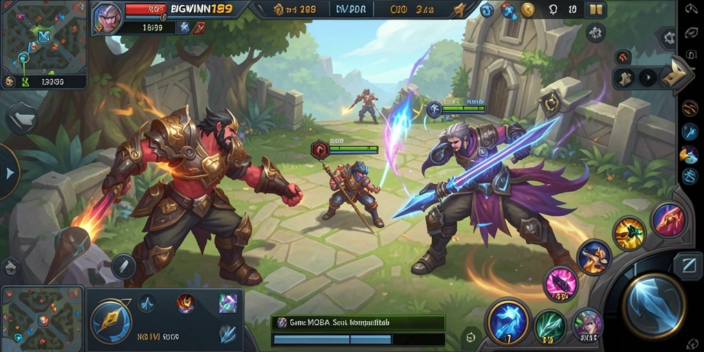Tampilan gameplay MOBA yang intens dan dinamis.