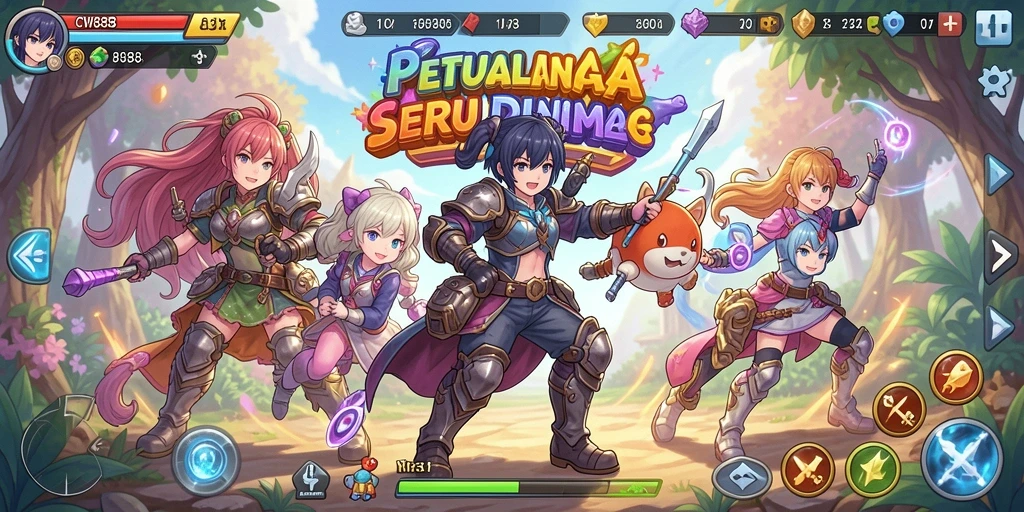Tangkapan layar gameplay CW8888 yang penuh aksi dan karakter anime.