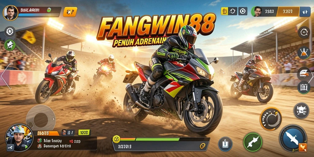 Tangkapan layar gameplay FANGWIN88 menampilkan balapan motor yang seru dan mendebarkan.