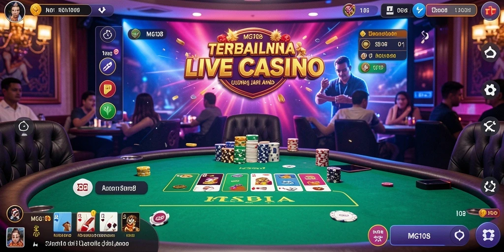 Tangkapan layar utama MG108 menampilkan dealer dan atmosfer kasino yang mendebarkan.