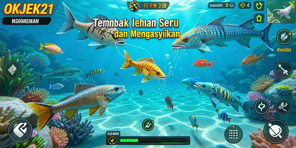 Tampilan gameplay seru OKJEK21 dengan aksi menembak ikan.