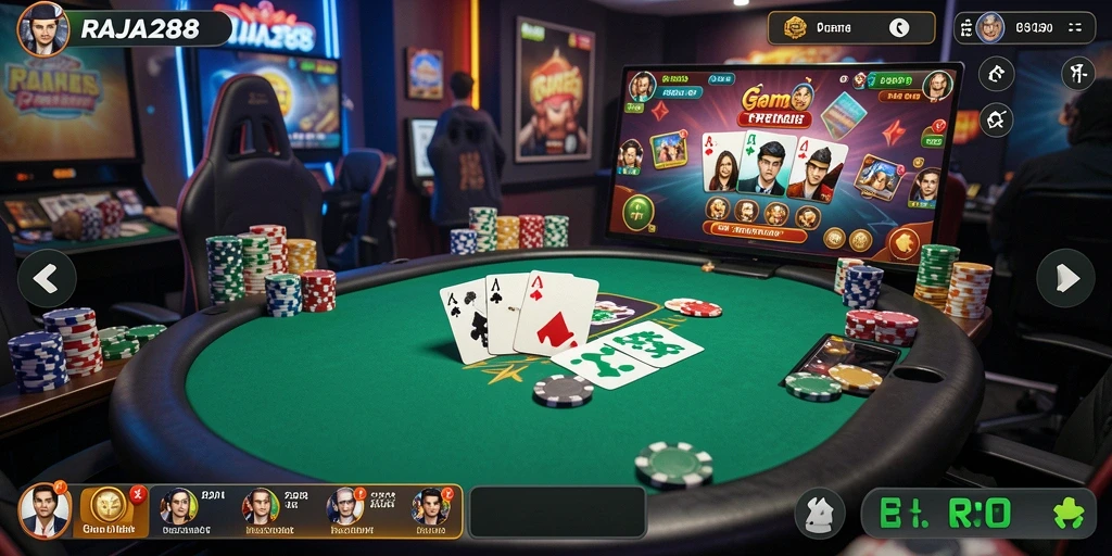 Tampilan gameplay seru di RAJA288 dengan meja poker yang menantang.