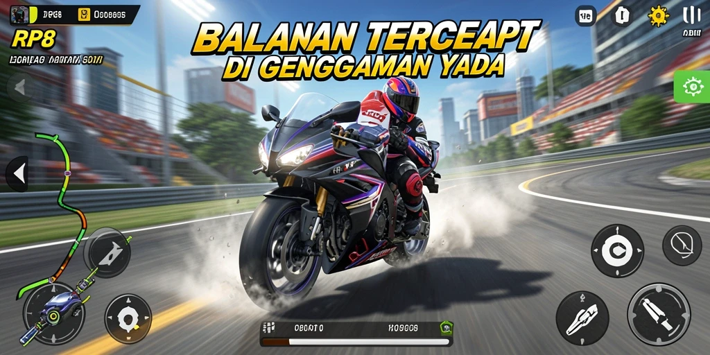 Screenshot utama RP8 menampilkan aksi balapan motor yang mendebarkan.