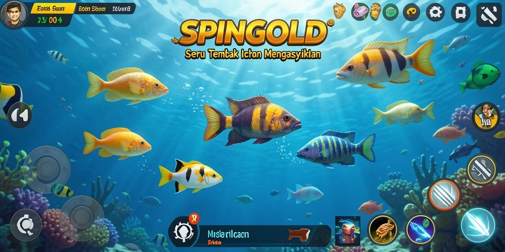 Gameplay seru SPINGOLD dengan berbagai ikan berwarna-warni.
