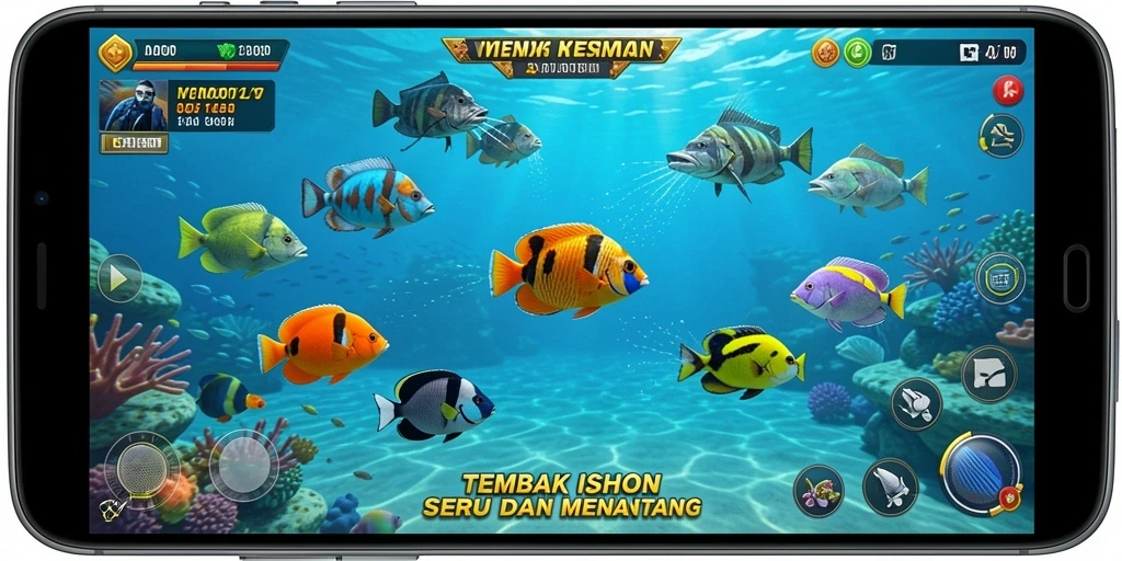 Tampilan gameplay T6 yang menampilkan aksi menembak ikan.