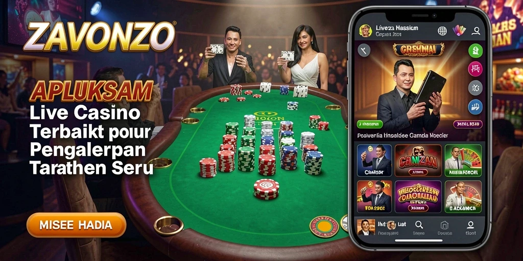 Screenshot gameplay ZAVONZO menampilkan dealer langsung dan suasana kasino yang autentik.